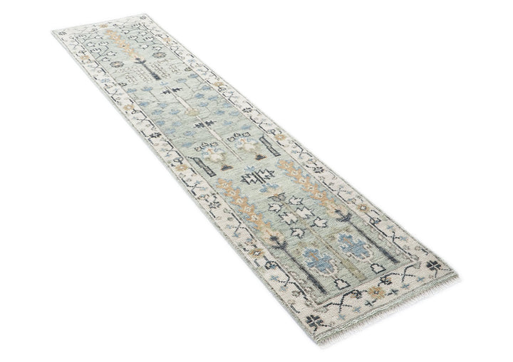 Runner Gray, Beige, Blue Color Hand Knotted Oushak Wool Transitional Oriental Rug