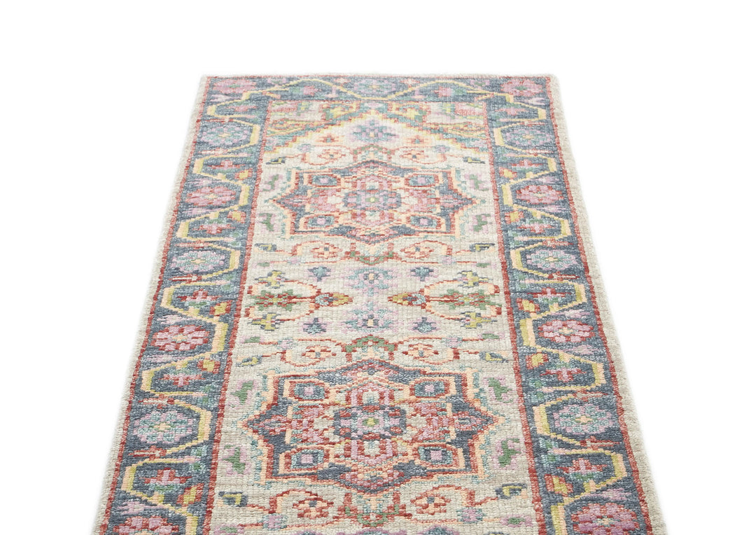 Runner Beige, Slate, Gold Color Hand Knotted Oushak Wool Traditional Oriental Rug