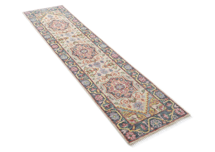 Runner Beige, Slate, Gold Color Hand Knotted Oushak Wool Traditional Oriental Rug