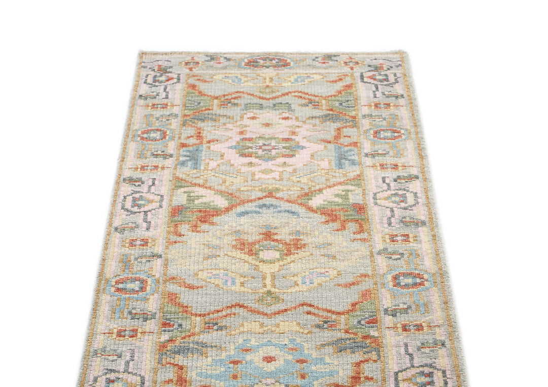 Runner Gray, Blush, Aqua Color Hand Knotted Oushak Wool Traditional Oriental Rug