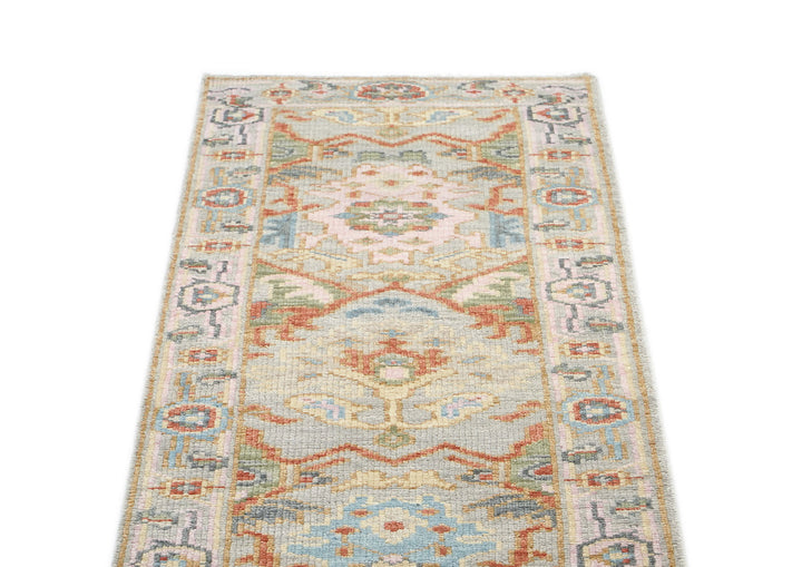 Runner Gray, Blush, Aqua Color Hand Knotted Oushak Wool Traditional Oriental Rug