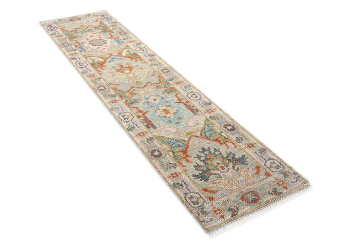 Runner Gray, Blush, Aqua Color Hand Knotted Oushak Wool Traditional Oriental Rug