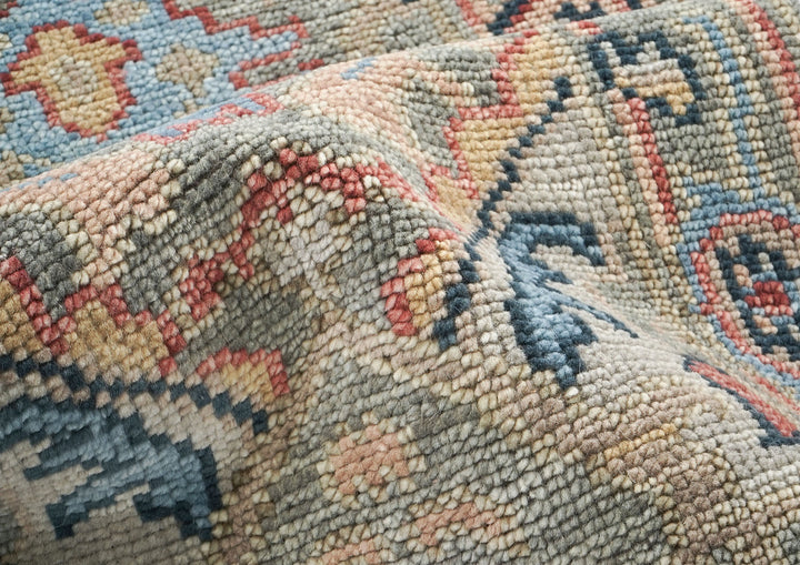 Runner Gray, Blush, Blue Color Hand Knotted Oushak Wool Arts & Crafts Oriental Rug