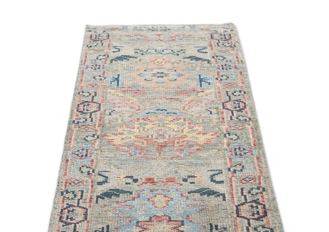 Runner Gray, Blush, Blue Color Hand Knotted Oushak Wool Arts & Crafts Oriental Rug