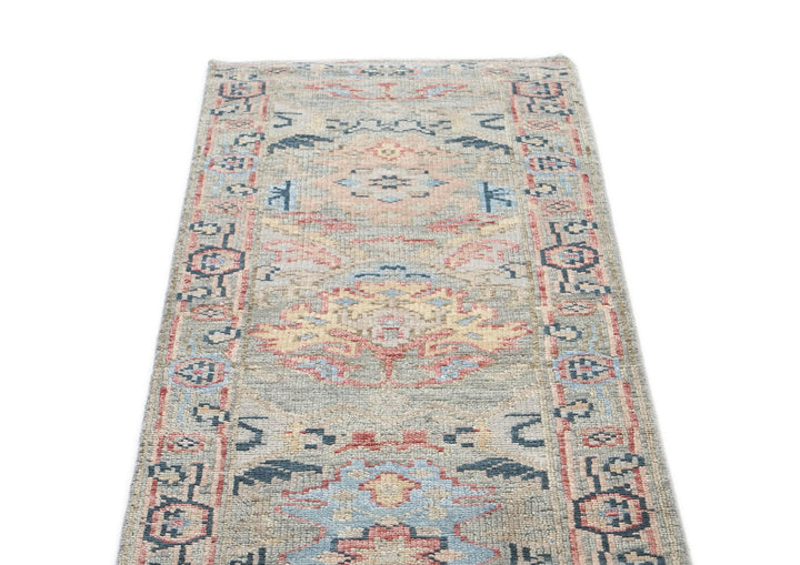 Runner Gray, Blush, Blue Color Hand Knotted Oushak Wool Arts & Crafts Oriental Rug
