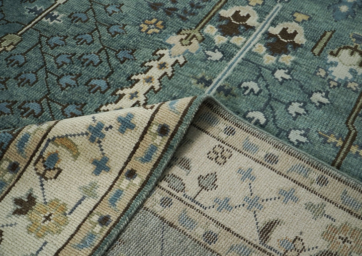 10x14 Celadon, Beige, Brown Color Hand Knotted Oushak Wool Transitional Oriental Rug