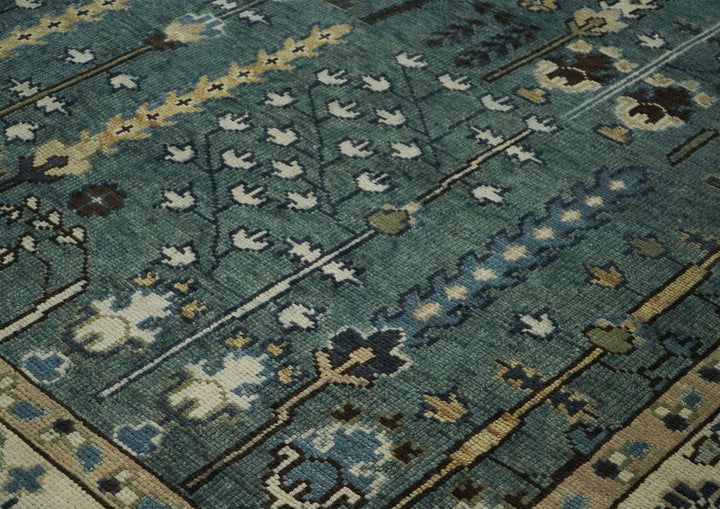 10x14 Celadon, Beige, Brown Color Hand Knotted Oushak Wool Transitional Oriental Rug