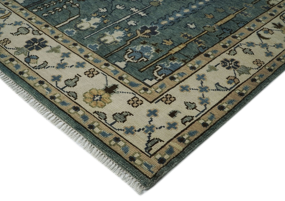 10x14 Celadon, Beige, Brown Color Hand Knotted Oushak Wool Transitional Oriental Rug
