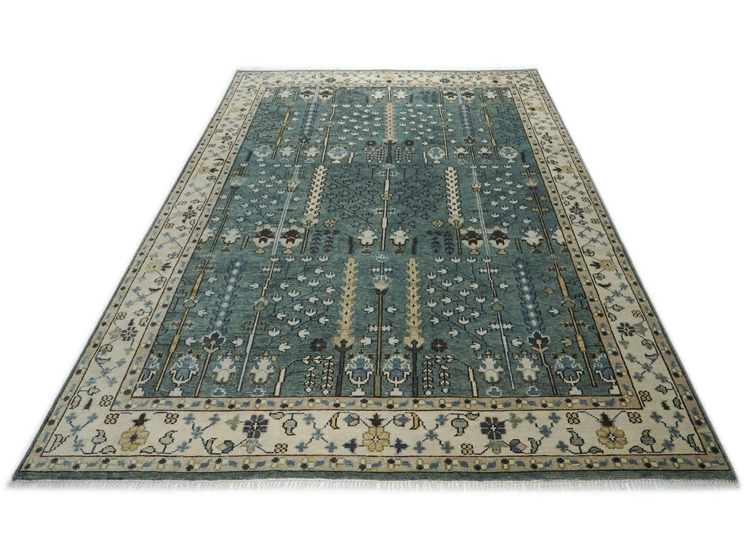 10x14 Celadon, Beige, Brown Color Hand Knotted Oushak Wool Transitional Oriental Rug