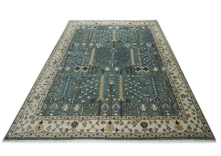 10x14 Celadon, Beige, Brown Color Hand Knotted Oushak Wool Transitional Oriental Rug
