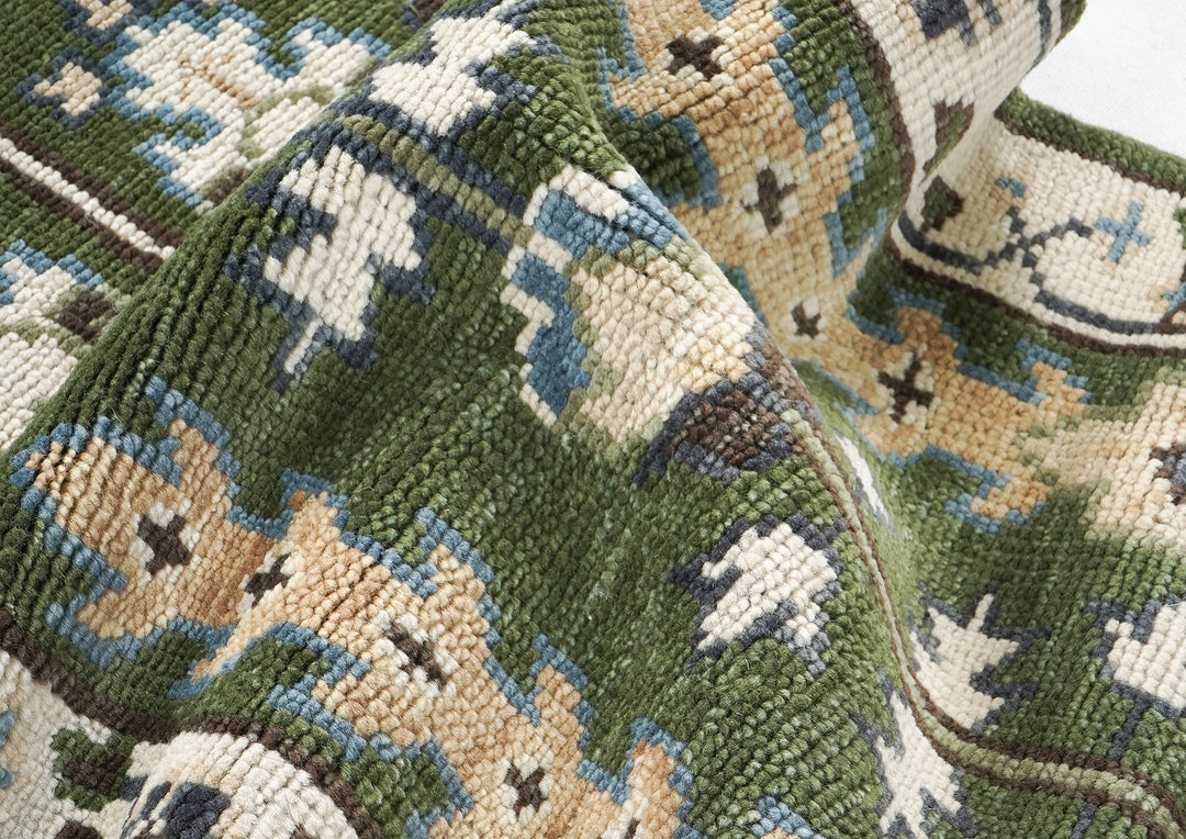 Runner Green, Ivory, Blue Color Hand Knotted Oushak Wool Transitional Oriental Rug