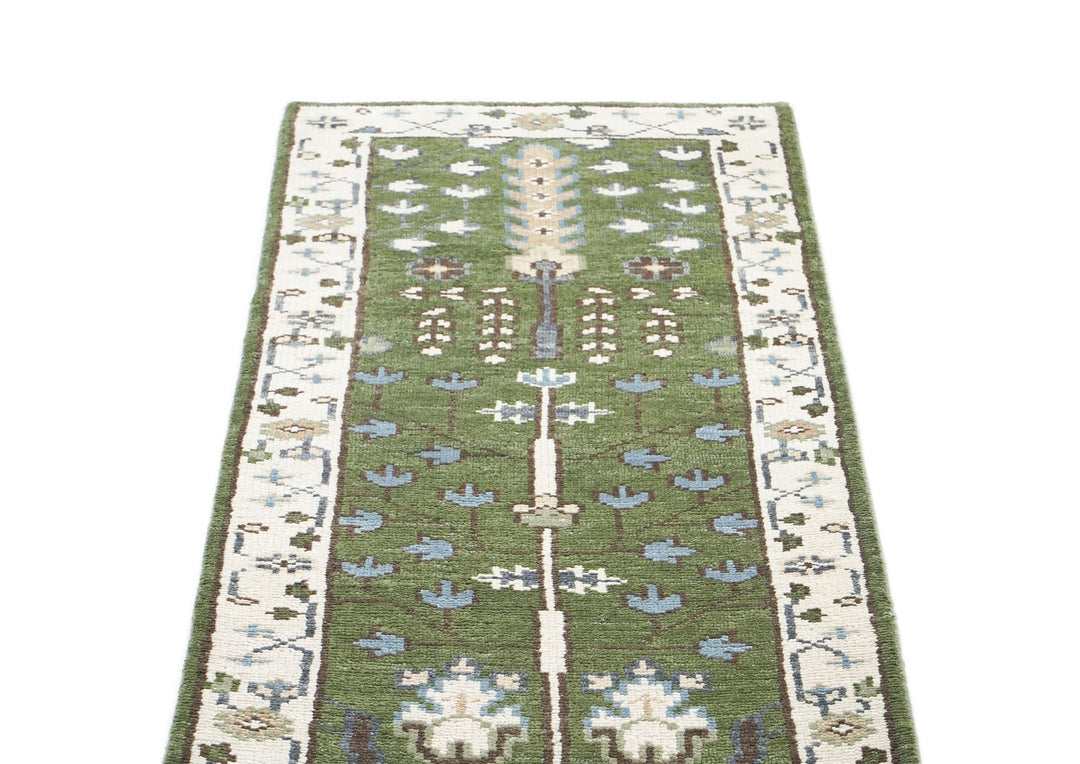 Runner Green, Ivory, Blue Color Hand Knotted Oushak Wool Transitional Oriental Rug