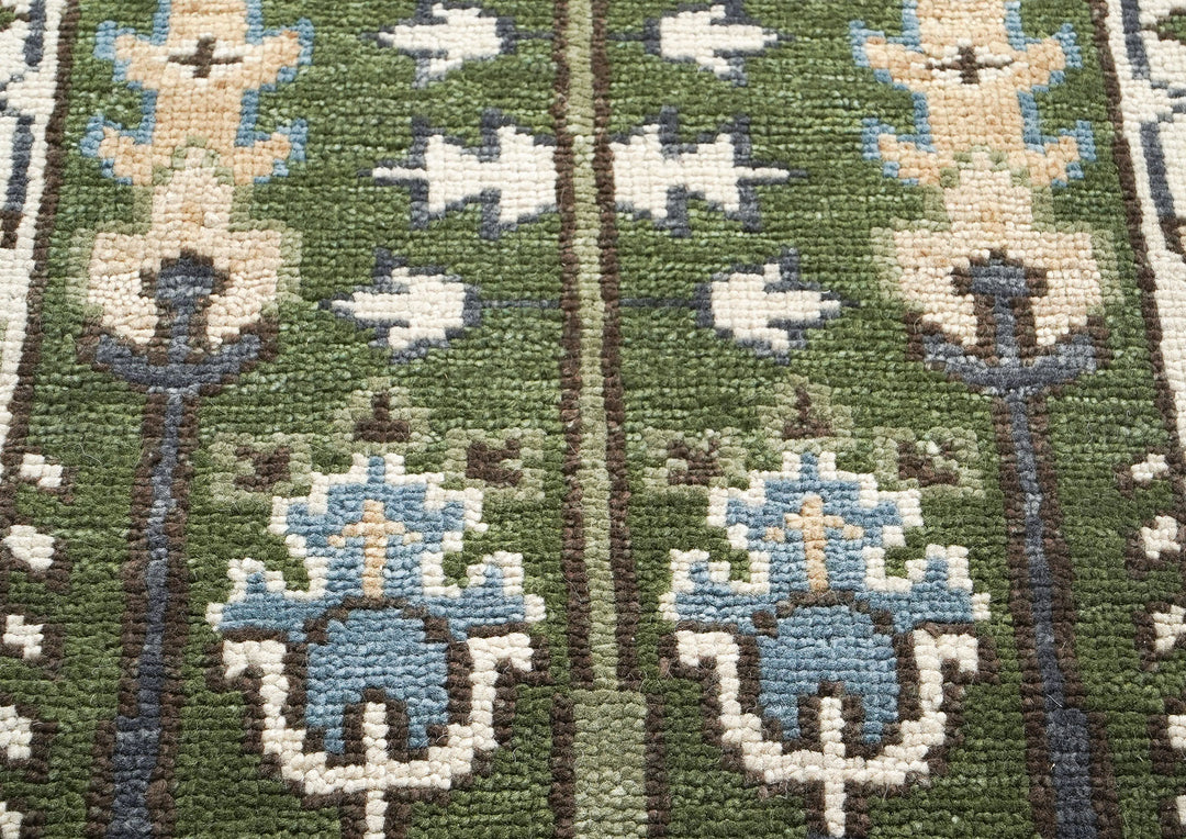 Runner Green, Ivory, Blue Color Hand Knotted Oushak Wool Transitional Oriental Rug