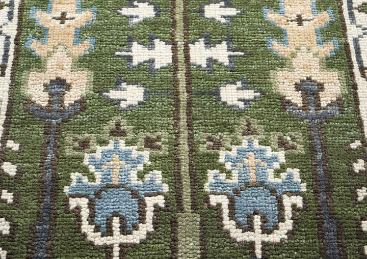 Runner Green, Ivory, Blue Color Hand Knotted Oushak Wool Transitional Oriental Rug