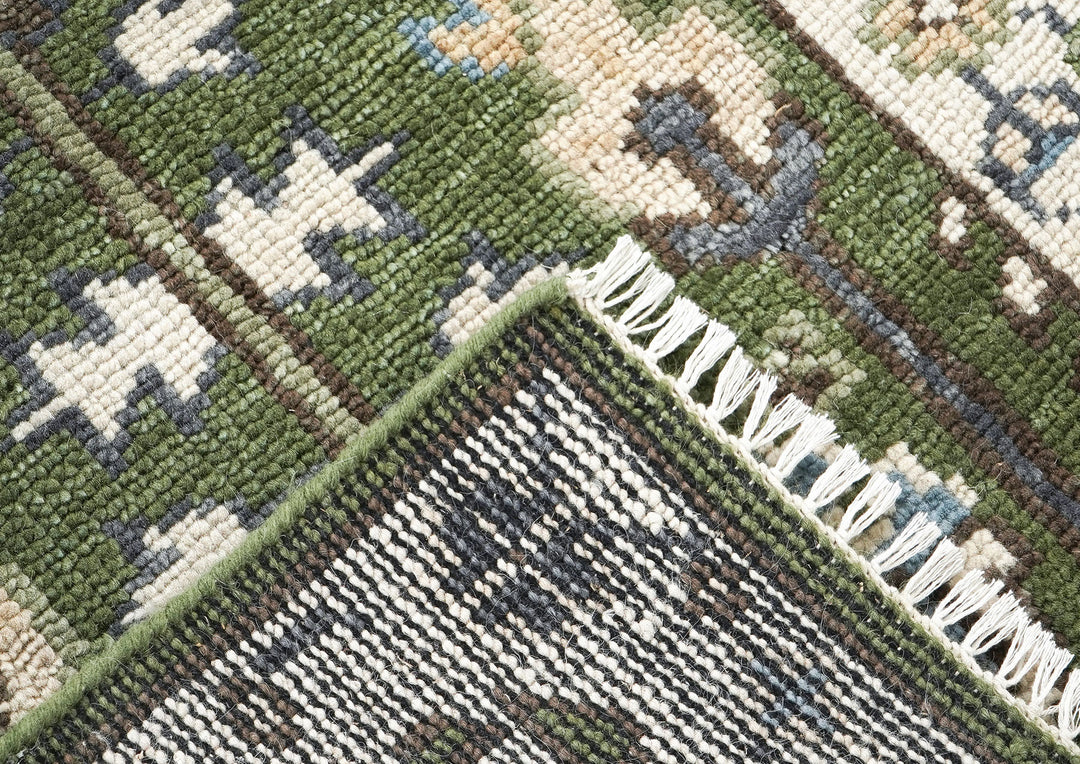 Runner Green, Ivory, Blue Color Hand Knotted Oushak Wool Transitional Oriental Rug