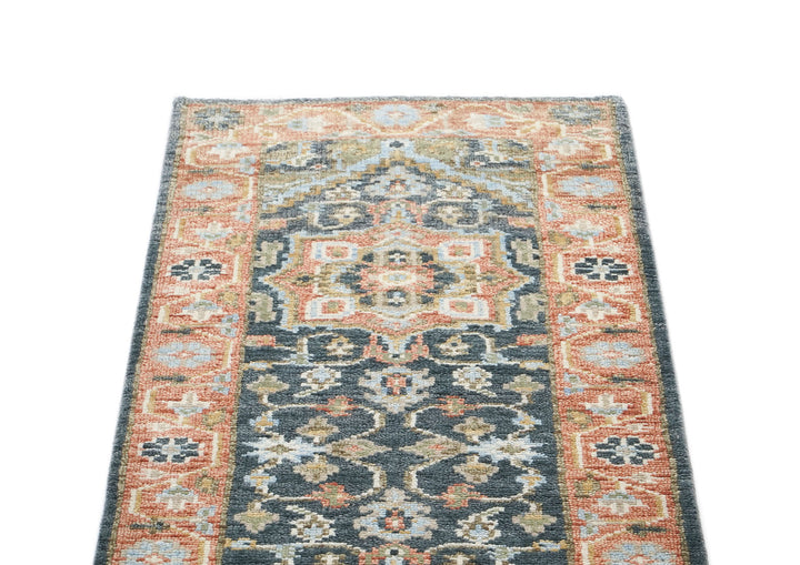 Runner Slate, Blush, Sage Color Hand Knotted Oushak Wool Traditional Oriental Rug