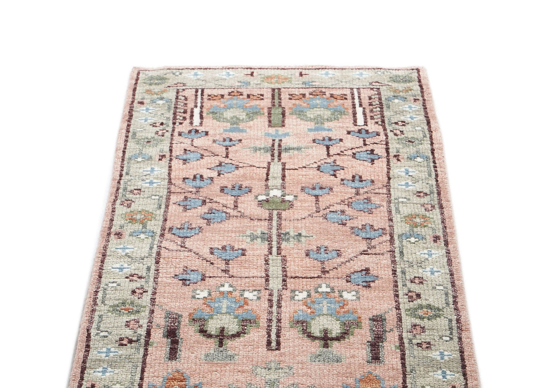 Runner Blush, Gray, Blue Color Hand Knotted Oushak Wool Transitional Oriental Rug