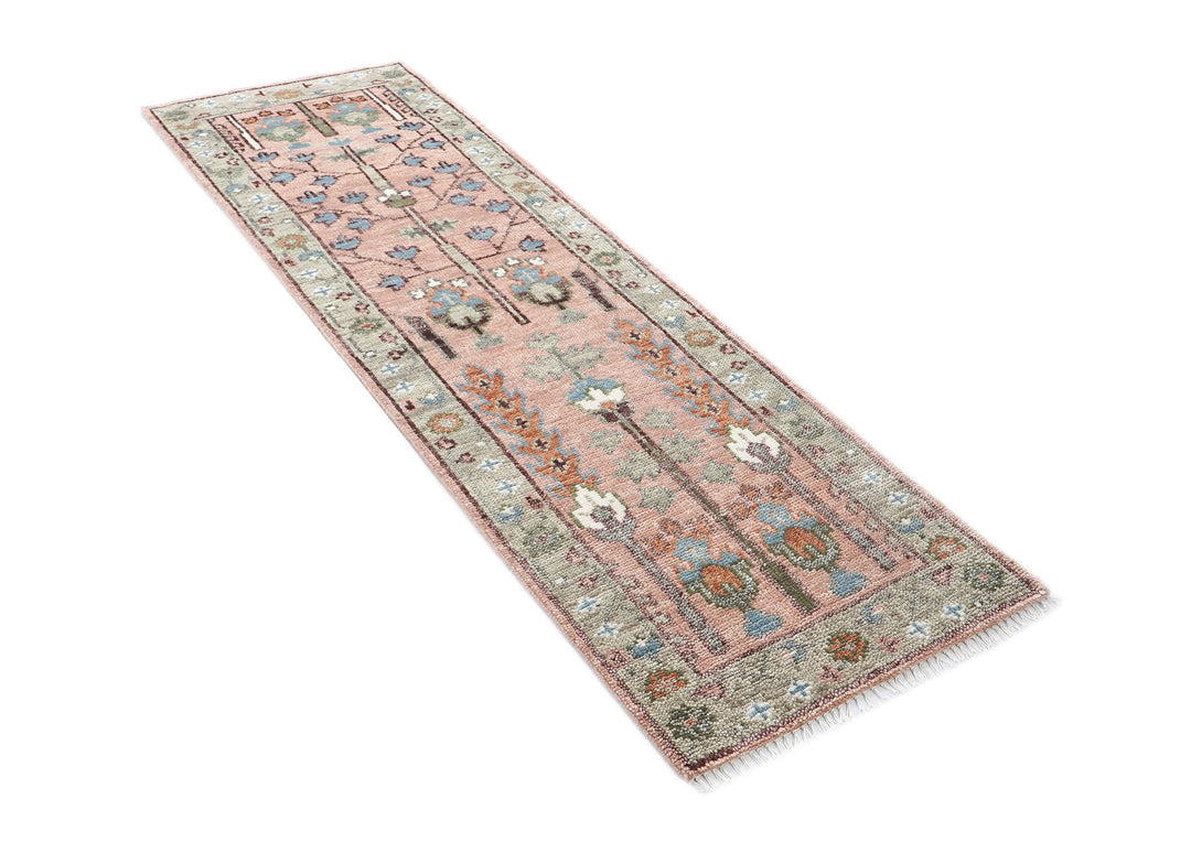 Runner Blush, Gray, Blue Color Hand Knotted Oushak Wool Transitional Oriental Rug