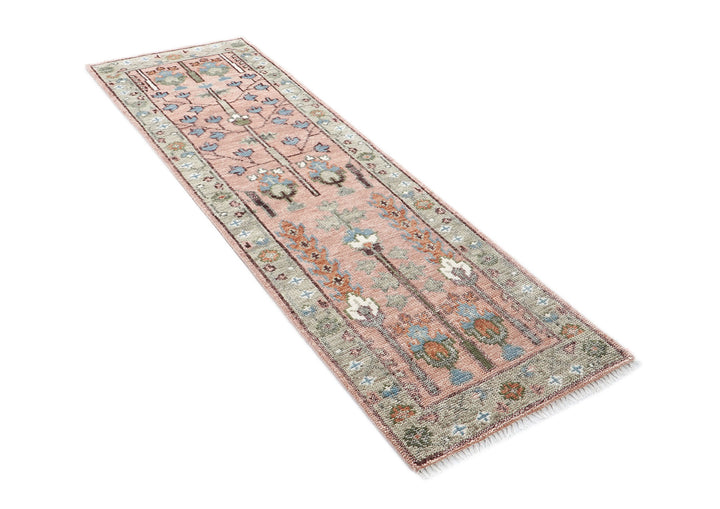 Runner Blush, Gray, Blue Color Hand Knotted Oushak Wool Transitional Oriental Rug