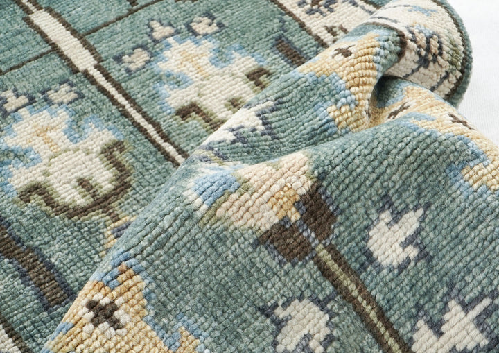 Runner Celadon, Ivory, Gray Color Hand Knotted Oushak Wool Transitional Oriental Rug