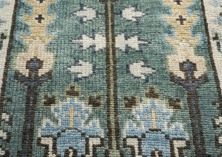 Runner Celadon, Ivory, Gray Color Hand Knotted Oushak Wool Transitional Oriental Rug
