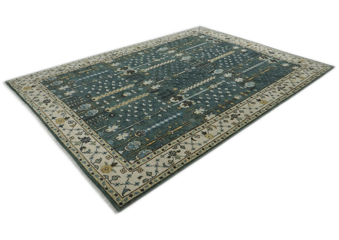 10x14 Celadon, Ivory, Beige Color Hand Knotted Oushak Wool Transitional Oriental Rug