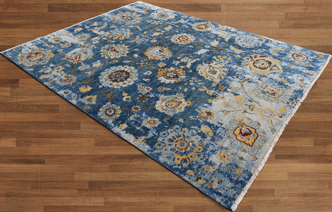 Celeste Rugs Hand Knotted 8x10 Oushak Wool Oriental Area Rug Blue with a Turkish Transitional Design.