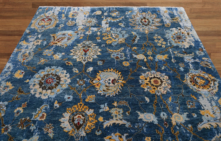 Celeste Rugs Hand Knotted 8x10 Oushak Wool Oriental Area Rug Blue with a Turkish Transitional Design.