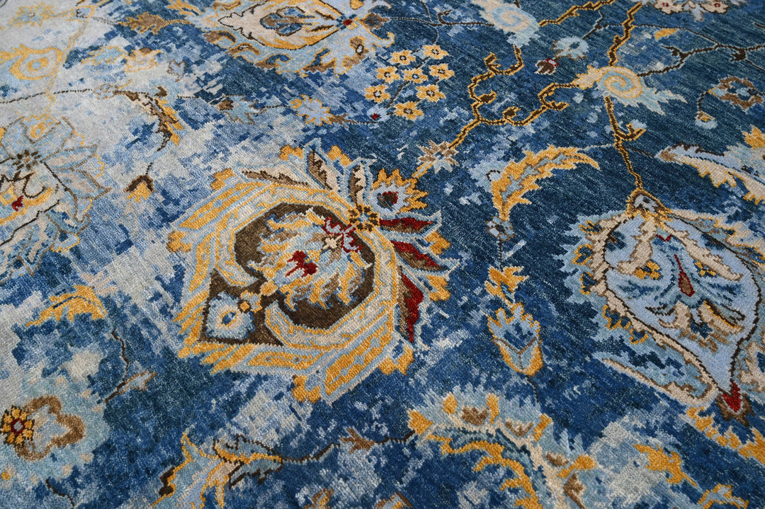 Celeste Rugs Hand Knotted 8x10 Oushak Wool Oriental Area Rug Blue with a Turkish Transitional Design.