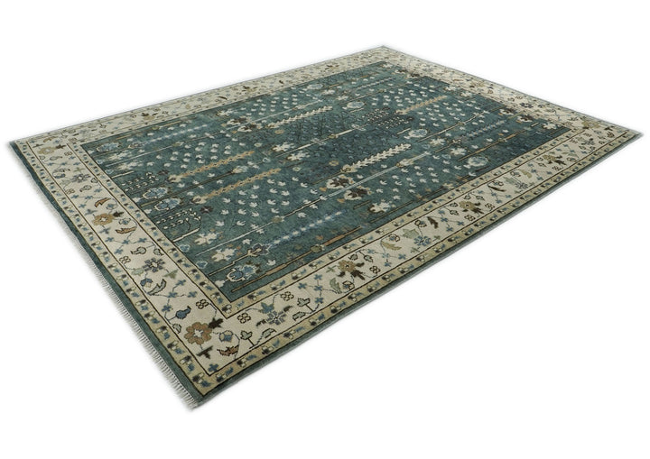 10x14 Celadon, Beige, Ivory Color Hand Knotted Oushak Wool Transitional Oriental Rug