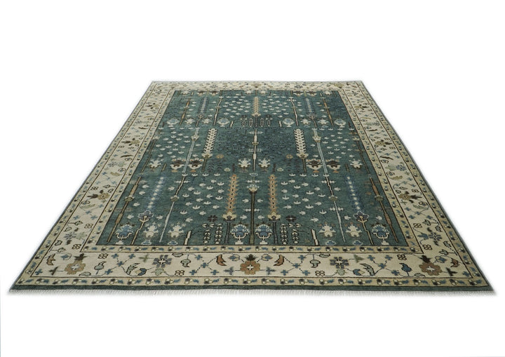 10x14 Celadon, Beige, Ivory Color Hand Knotted Oushak Wool Transitional Oriental Rug