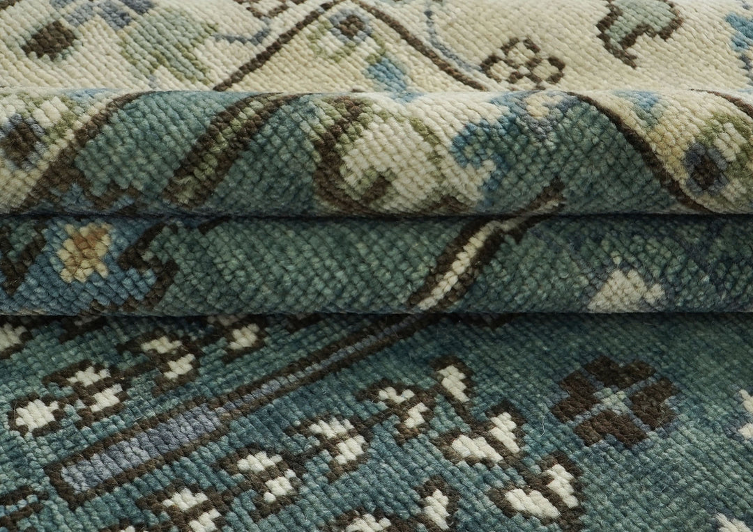 10x14 Celadon, Beige, Ivory Color Hand Knotted Oushak Wool Transitional Oriental Rug