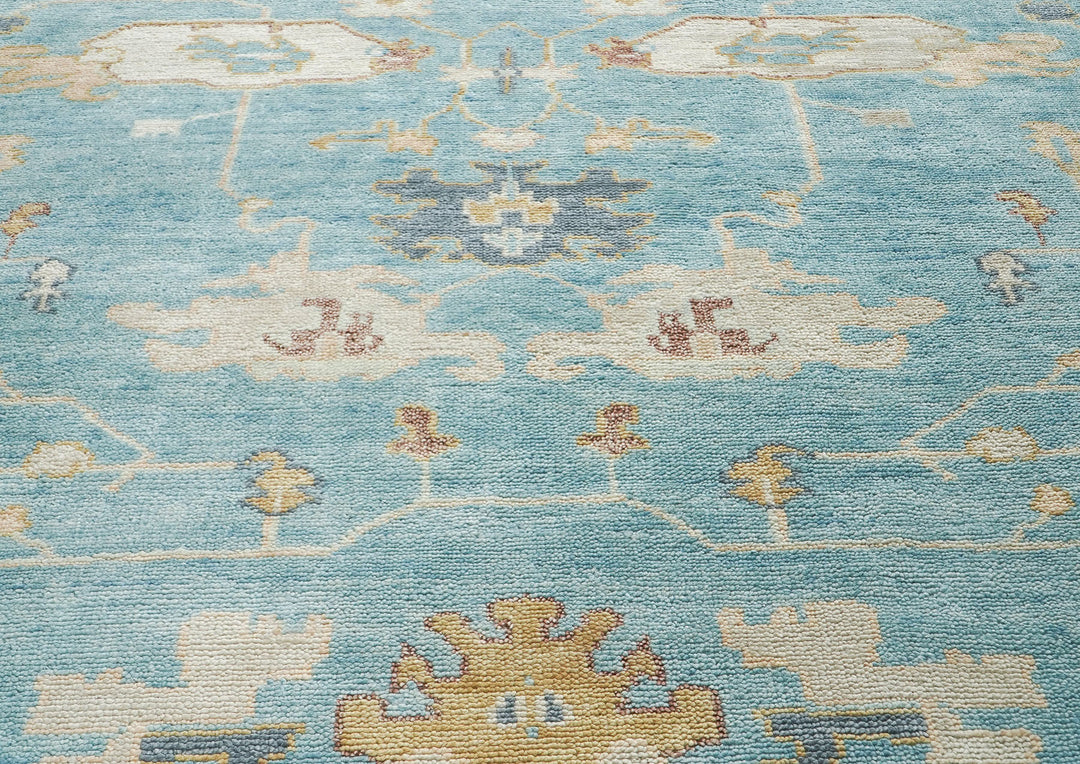 10x14 Aqua, Gray, Tan Color Hand Knotted Oushak Wool Transitional Oriental Rug