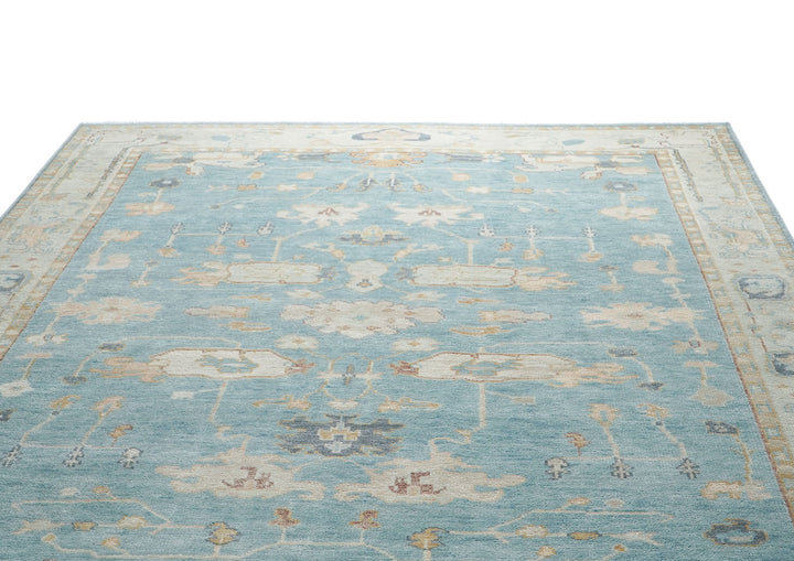 10x14 Aqua, Gray, Tan Color Hand Knotted Oushak Wool Transitional Oriental Rug