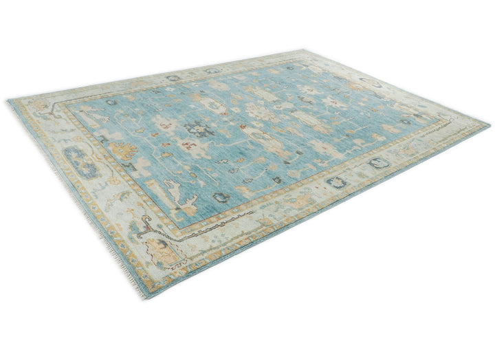 10x14 Aqua, Gray, Tan Color Hand Knotted Oushak Wool Transitional Oriental Rug