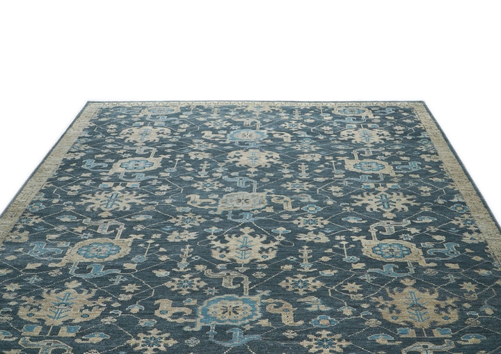 10x14 Blue, Beige, Ivory Color Hand Knotted Oushak Wool Transitional Oriental Rug