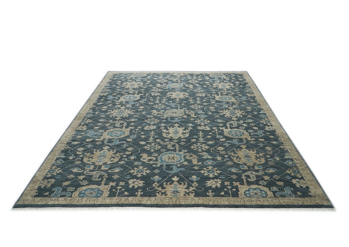 10x14 Blue, Beige, Ivory Color Hand Knotted Oushak Wool Transitional Oriental Rug