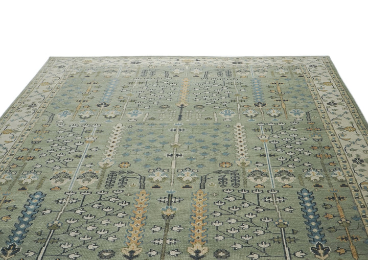 10x14 Mint, Ivory, Blue Color Hand Knotted Oushak Wool Transitional Oriental Rug