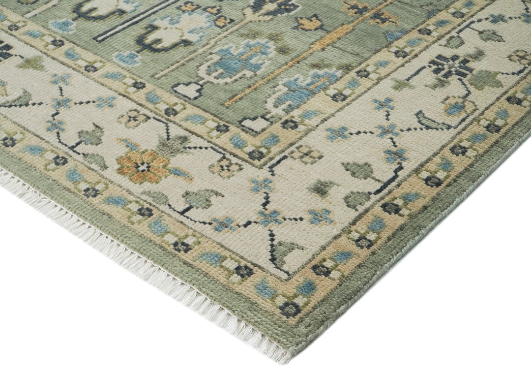 10x14 Mint, Ivory, Blue Color Hand Knotted Oushak Wool Transitional Oriental Rug