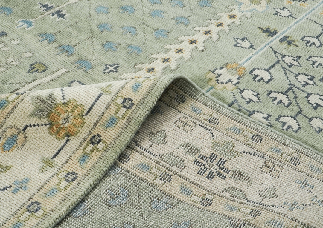 10x14 Mint, Ivory, Blue Color Hand Knotted Oushak Wool Transitional Oriental Rug