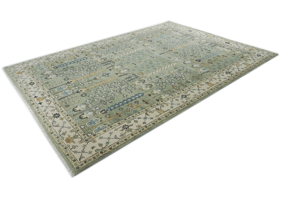 10x14 Mint, Ivory, Blue Color Hand Knotted Oushak Wool Transitional Oriental Rug