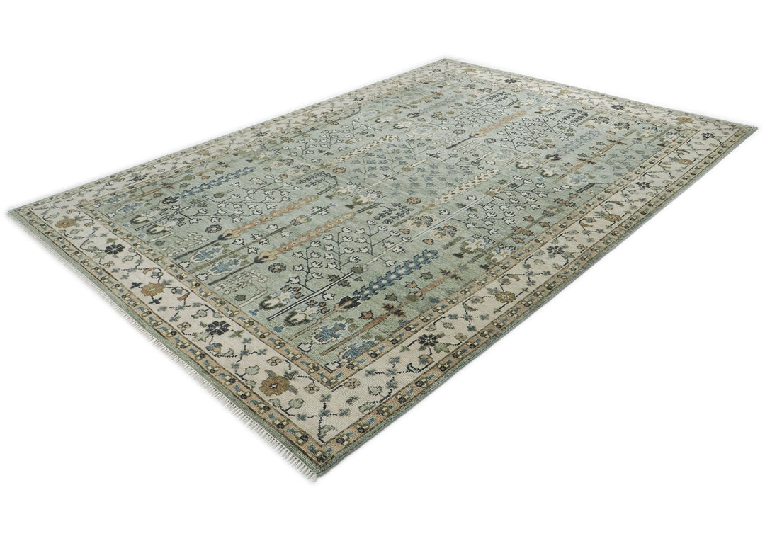 10x14 Celadon, Beige, Tan Color Hand Knotted Oushak Wool Transitional Oriental Rug