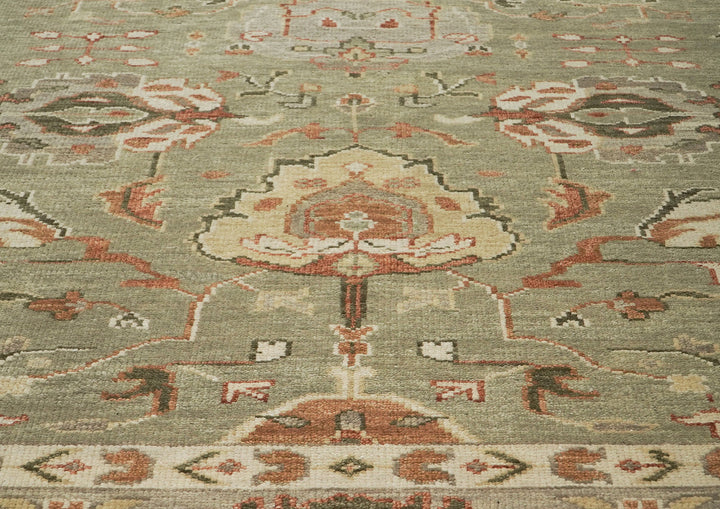 10x14 Green, Peach, Gray Color Hand Knotted Oushak Wool Arts and Crafts Oriental Rug