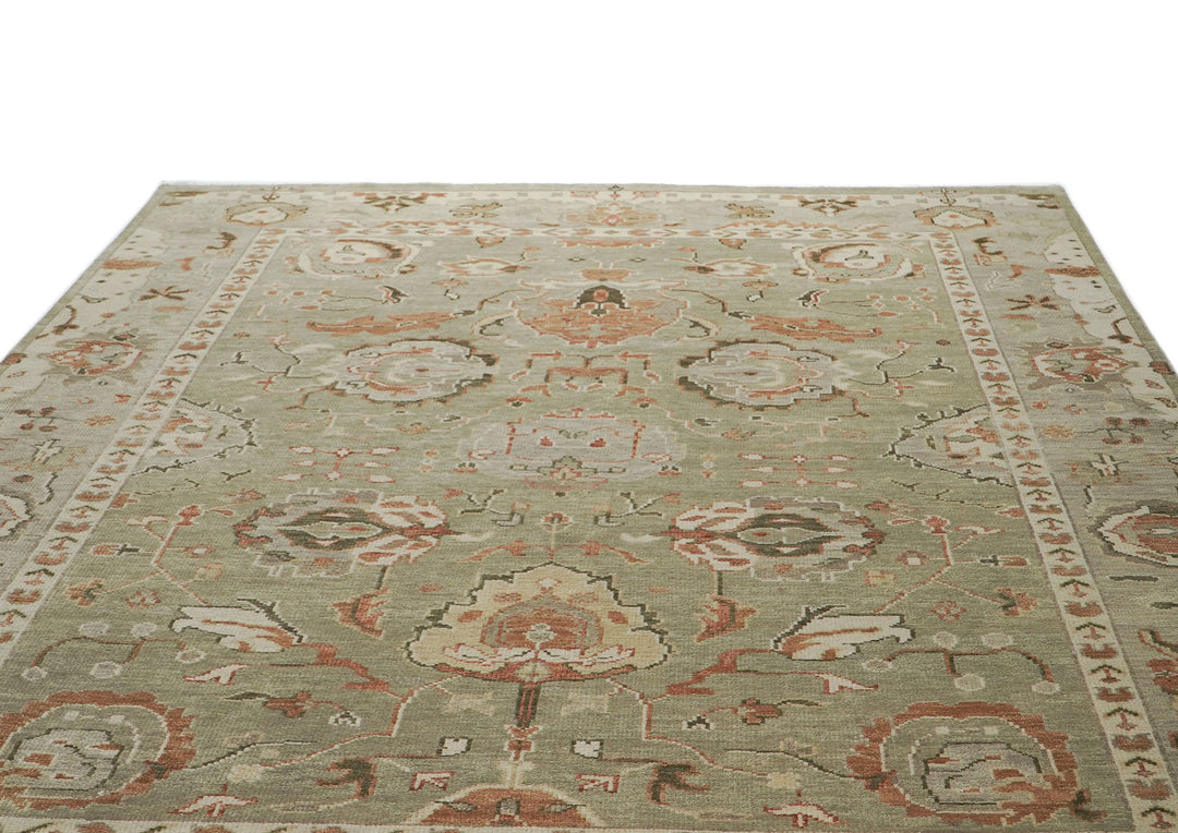10x14 Green, Peach, Gray Color Hand Knotted Oushak Wool Arts and Crafts Oriental Rug