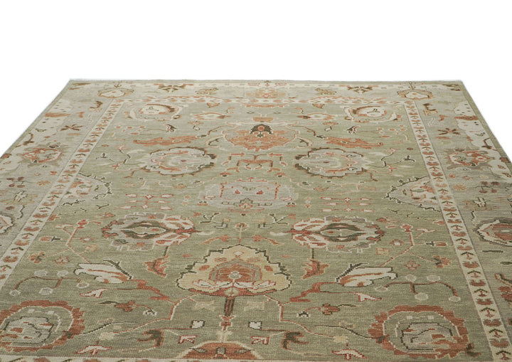 10x14 Green, Peach, Gray Color Hand Knotted Oushak Wool Arts and Crafts Oriental Rug