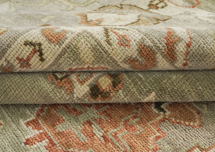10x14 Green, Peach, Gray Color Hand Knotted Oushak Wool Arts and Crafts Oriental Rug