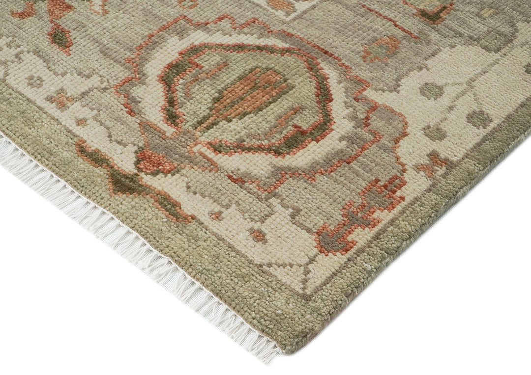 10x14 Green, Peach, Gray Color Hand Knotted Oushak Wool Arts and Crafts Oriental Rug