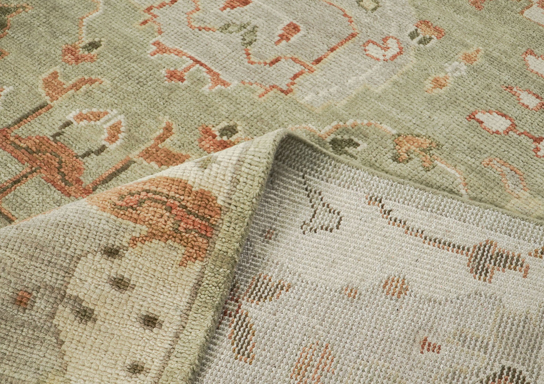 10x14 Green, Peach, Gray Color Hand Knotted Oushak Wool Arts and Crafts Oriental Rug