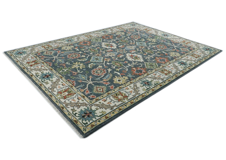 10x14 Blue, Slate, Ivory Color Hand Knotted Oushak Wool Arts and Crafts Oriental Rug