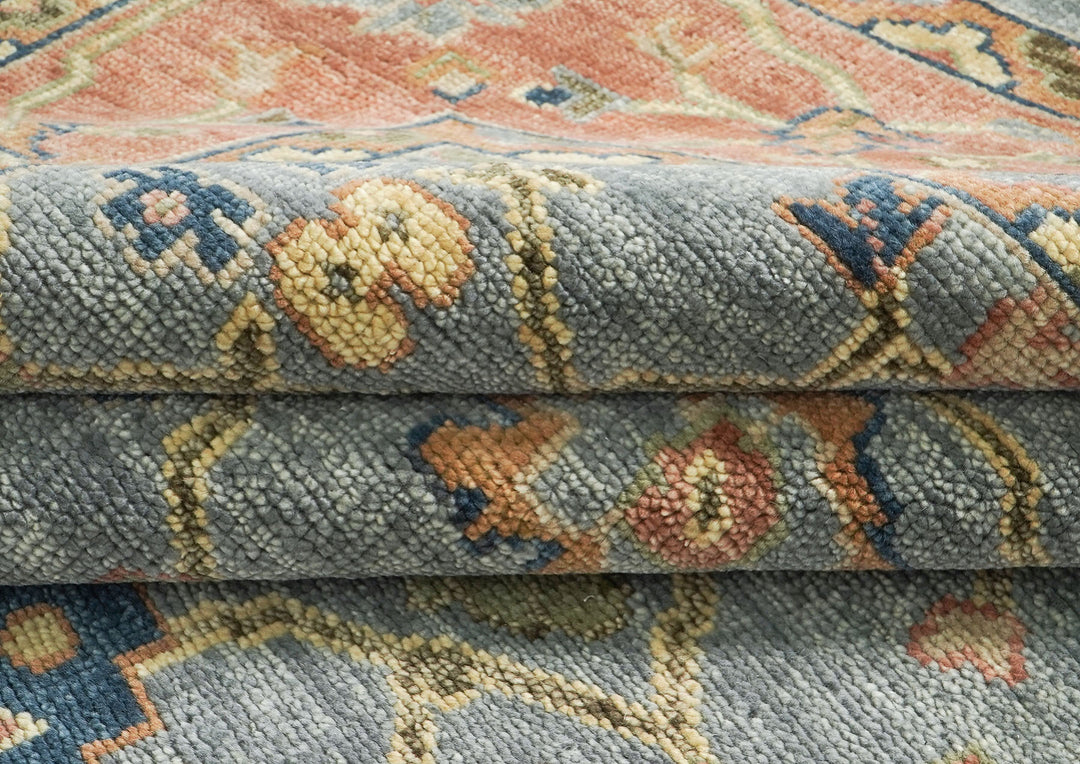 10x14 Blue, Rose, Lime Color Hand Knotted Oushak Wool Arts and Crafts Oriental Rug